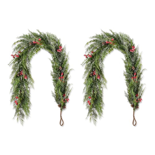 Glitzhome® 6ft. Christmas Greenery Frosted PE Dripping Garland with Pinecones & Red Berries, Set of 2